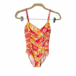 DKNY swimsut womens pink yellow one piece floral bathing suit size 8